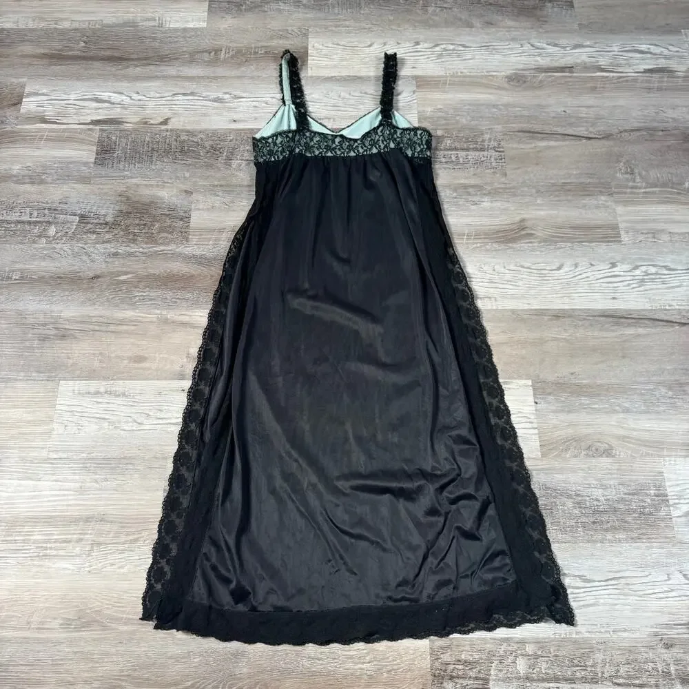 Vintage Black Sheer Lace Lingerie Slip Maxi Slit Soft Grunge Coquette Medium - Picture 5 of 7